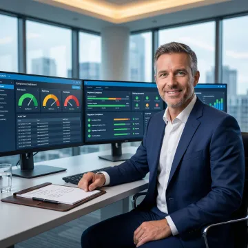 Compliance consultant reviewing vendor risk assessment data on a digital dashboard