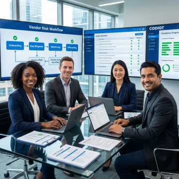 Compliance team collaborating on vendor risk management workflow on digital screens