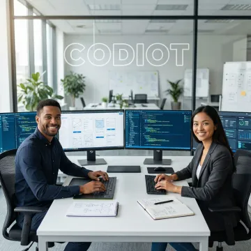 Developers collaborating on a custom web development project with code on screens