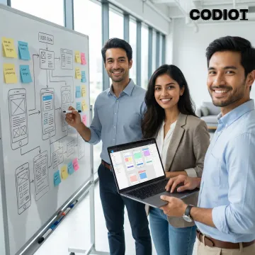 Step-by-step UI/UX prototype design process on a whiteboard and digital screen