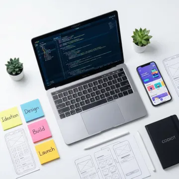 Mobile app development process showing planning, design, coding, testing, and launch stages