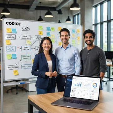 A development team collaborating on a CRM software project roadmap