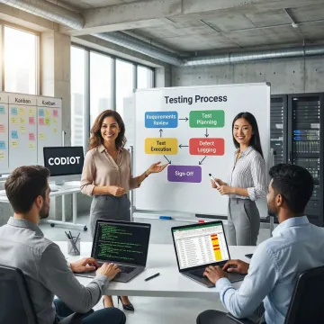 QA team executing a structured software testing process on a whiteboard and laptops