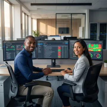 Software testing engineers reviewing code quality and test results on monitors