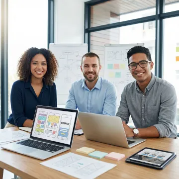 Web development team collaborating on wireframes and design layouts for a small business website project