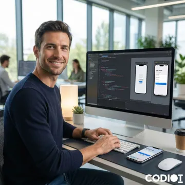 iOS app developer working on iPhone app code and interface design