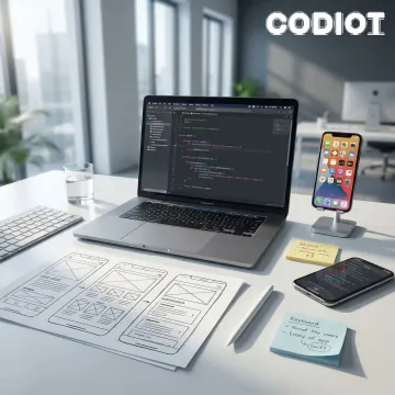 iOS app development process showing design, coding, and testing stages