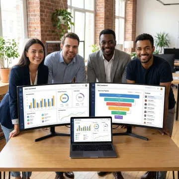 Startup team reviewing CRM dashboard on laptop and monitor screens