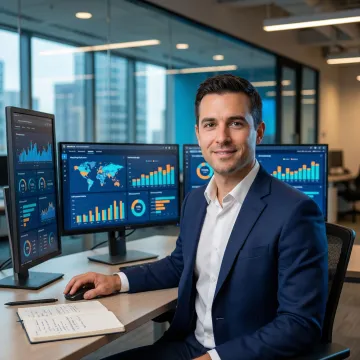 Data analytics consultant reviewing dashboards and strategy charts on multiple screens