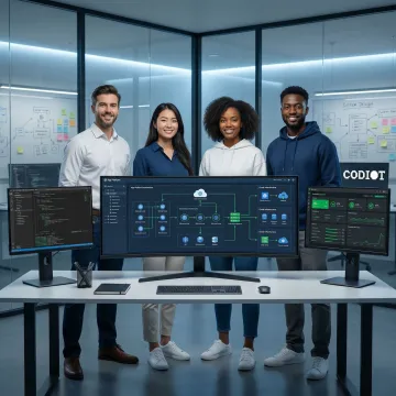 Development team collaborating on app platform architecture and deployment strategy