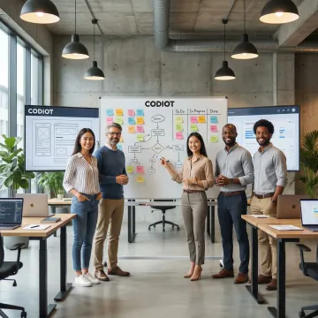 Software engineers following a structured app development process on whiteboards and screens