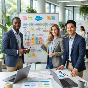 Salesforce implementation team mapping out a CRM workflow on a whiteboard