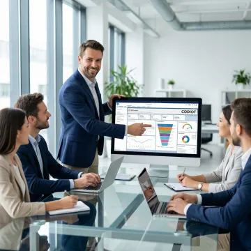 Salesforce consultant reviewing CRM dashboard with client team