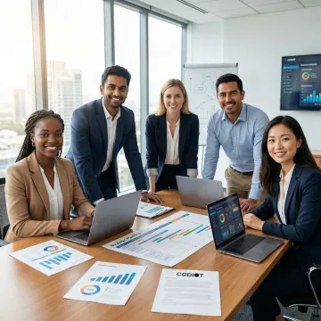 Team of professionals collaborating over business intelligence reports and planning documents