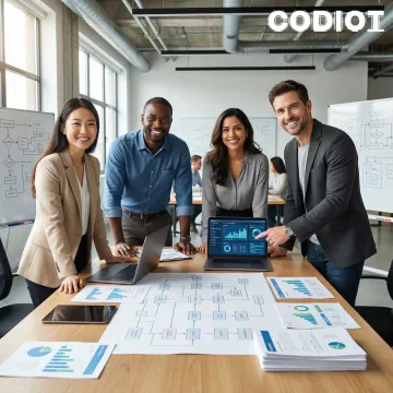 Data strategy consulting team reviewing pipeline architecture and analytics workflow