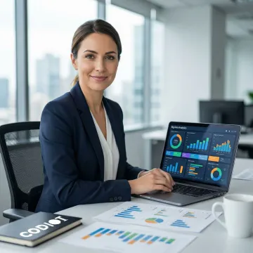 Business analyst reviewing big data analytics reports and insights on a laptop