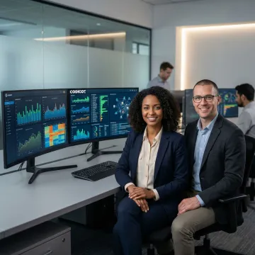 Data engineers analyzing big data dashboards and visualizations on large monitors