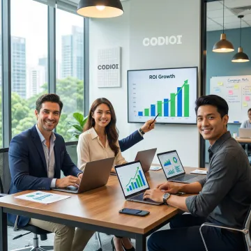 Digital marketing agency team strategizing small business growth campaigns on laptops and dashboards