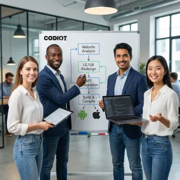 Step-by-step website to mobile app development process on a whiteboard