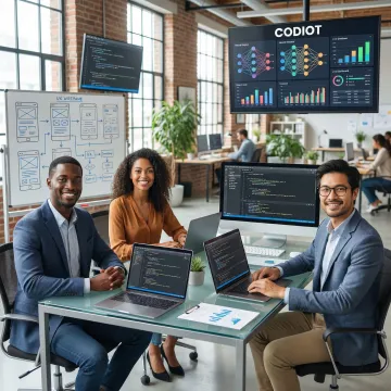 Team of developers building an AI MVP on laptops and whiteboards