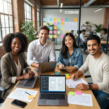 Development team collaborating on MVP product strategy with wireframes and laptops