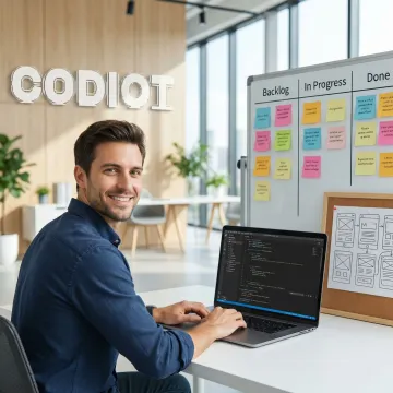 Developer reviewing MVP sprint board with wireframes and code on screen