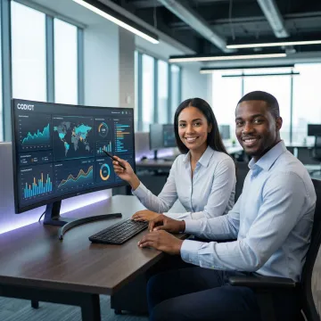 Data mining specialists analyzing large datasets on multiple screens