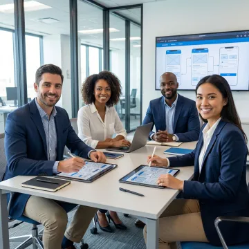 Enterprise mobile app development team collaborating on business application design