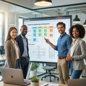 Enterprise mobile app development process workflow on a whiteboard