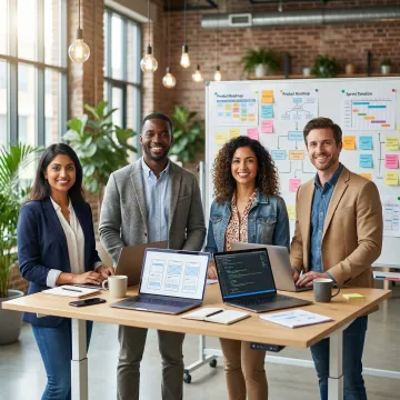 Startup development team collaborating on digital product design and software solutions