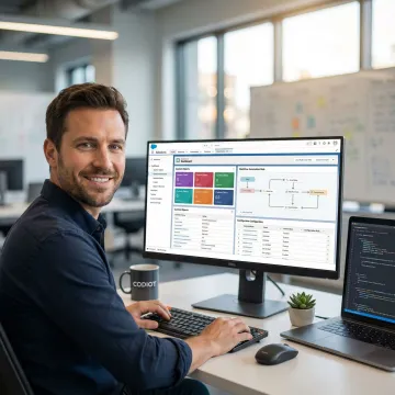 Salesforce customization dashboard on a computer screen with a developer configuring workflows