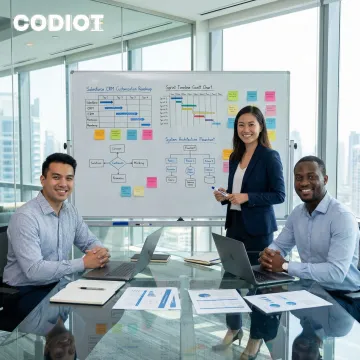 Salesforce development team reviewing a customization roadmap on a whiteboard