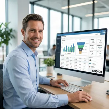 CRM implementation specialist configuring a customer relationship management dashboard on a computer