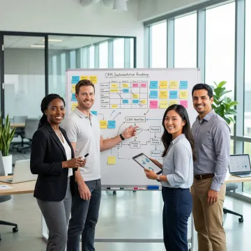 Team of business professionals reviewing a CRM implementation roadmap on a whiteboard
