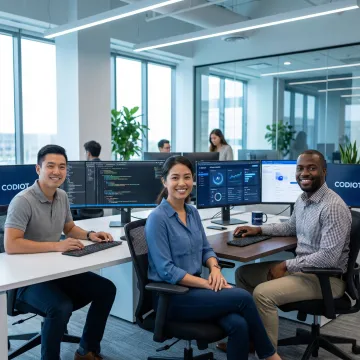 Modern software development team collaborating on AI-powered solutions for growth-stage businesses