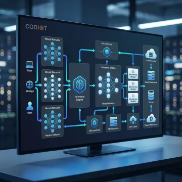 Custom software architecture diagram showing AI integration and scalable cloud infrastructure