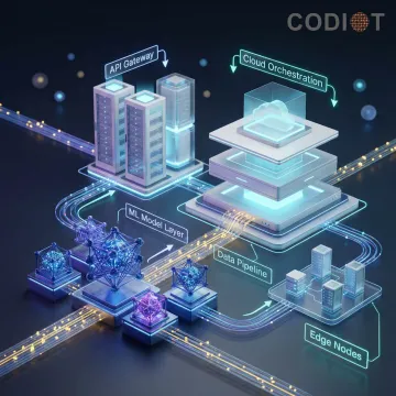 AI-powered software architecture diagram with modern interface elements