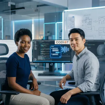 Modern software development team collaborating on AI-powered digital product design