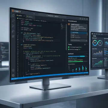 AI-powered development dashboard showing automated code analysis and deployment pipelines