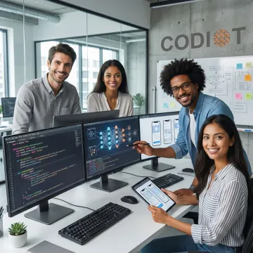 Team developing AI-powered mobile application with machine learning algorithms