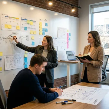 Team planning mobile app user journeys and wireframes