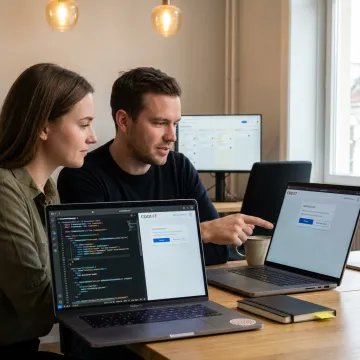 Team reviewing React development workflow
