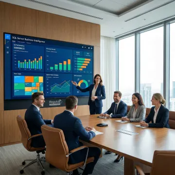Data consultant presenting SQL Server BI dashboard insights to a business team
