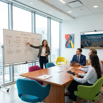 UX designer presenting a step-by-step design process on a whiteboard to a B2B client team