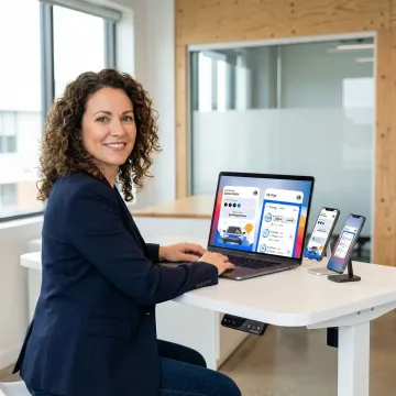 Developer working on custom mobile app development on a laptop with smartphone mockups