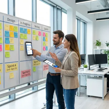 Step-by-step enterprise mobile app development process on a project board