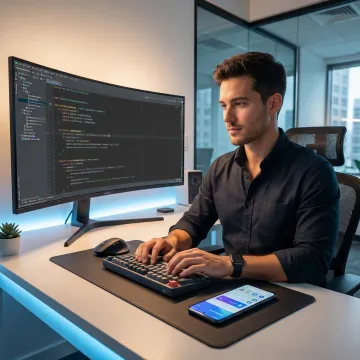 Developer building an Android mobile application on a laptop and smartphone