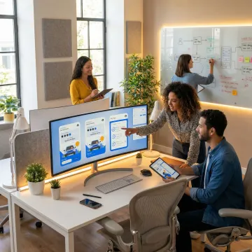 Mobile app UX design and development team collaborating on wireframes and prototypes