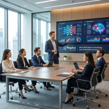 AI consultant presenting data-driven insights and machine learning solutions to a business team