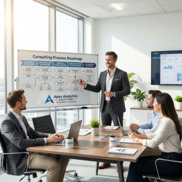 Data consultant presenting an analytics roadmap and process steps on a whiteboard to a team.